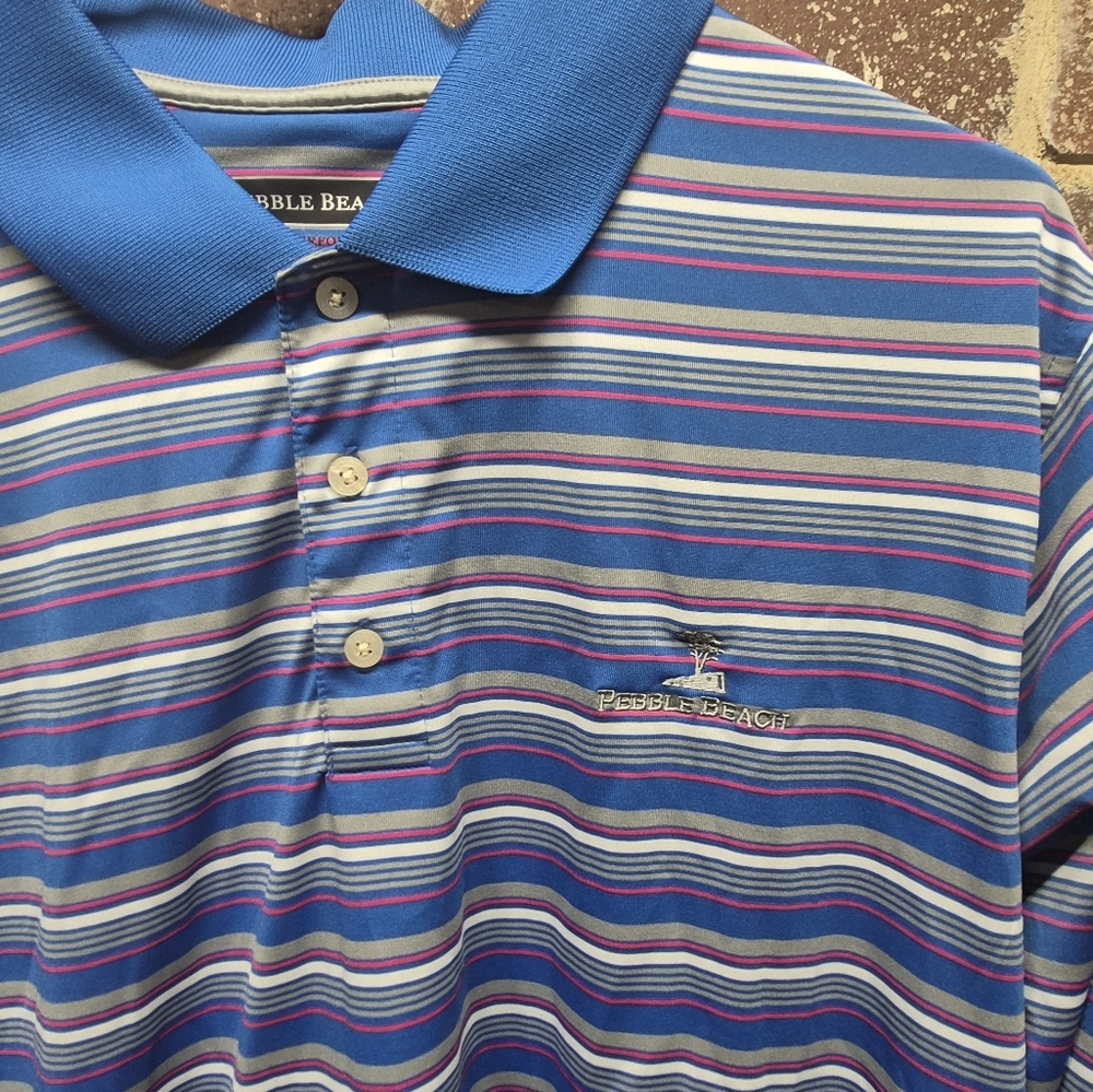 Pebble Beach Men L Polo Shirt Striped Blue Purple Short Sleeve Golf Performance